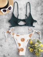 ZAFUL Maillot de Bain Bikini Découpé Fleur Plissé à Volants à Cordon M Orange foncé