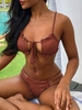 ZAFUL Maillot de Bain Bikini Découpé Tressé Côtelé Noué L Café