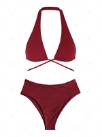 ZAFUL Maillot de Bain Bikini Dos-Nu Côtelé à Taille Haute Taille unique Rouge foncé