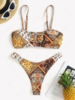 ZAFUL Maillot de Bain Bikini Ethnique Côtelé à Armature en V à Volants L Café