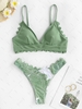 ZAFUL Maillot de Bain Bikini Festonné Texturé à Imprimé Plante à Coupe Haute L Vert clair