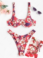 ZAFUL Maillot de Bain Bikini Feuille Fleuri Côtelé à Jambe Haute S Rouge