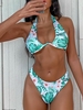 ZAFUL Maillot de Bain Bikini Feuille Tropicale Palmier Croisé à Col Halter L Vert