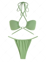 ZAFUL Maillot de Bain Bikini Fil Texturé Croisé à Col Halter L Vert clair