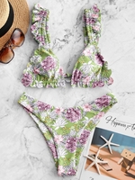 ZAFUL Maillot de Bain Bikini Fleur à Jambe Haute à Volants S Multi b