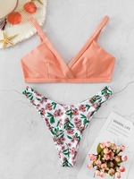 ZAFUL Maillot de Bain Bikini Fleur Côtelé Noué au Dos à Jambe Haute L Orange rose