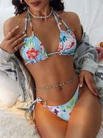 ZAFUL Maillot de Bain Bikini Fleuri à Bretelle Nouée à Côté à Col Halter S Bleu clair