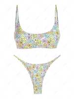 ZAFUL Maillot de Bain Bikini Fleuri à Coupe Basse à Cordon M Vert
