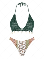 ZAFUL Maillot de Bain Bikini Fleuri Coquille Au Crochet à Frange Style Bohémien Taille unique Vert profond