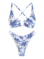 ZAFUL Maillot de Bain Bikini Fleuri Croisé à Coupe Haute à Lacets S Bleu