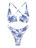 ZAFUL Maillot de Bain Bikini Fleuri Croisé à Coupe Haute à Lacets Xs Bleu