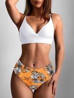 ZAFUL Maillot de Bain Bikini Fleuri Croisé à Taille Haute S Orange foncé