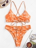 ZAFUL Maillot de Bain Bikini Fleuri Imprimé à Jambe Haute à Lacets à Volants M Orange mangue