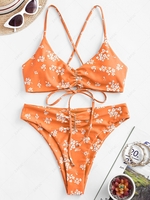 ZAFUL Maillot de Bain Bikini Fleuri Imprimé à Jambe Haute à Lacets à Volants M Orange mangue