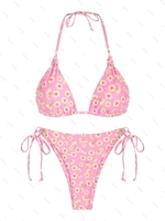 ZAFUL Maillot de Bain Bikini Fleuri Noué à Côté à Cordon L Rose clair
