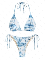 ZAFUL Maillot de Bain Bikini Noué à Côté Triangle à Imprimé Toile De Jouy S Bleu clair