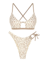 ZAFUL Maillot de Bain Bikini Noué à Imprimé Animal à Pois à Lacets Au Dos M Café lumière