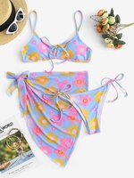 ZAFUL Maillot de Bain Bikini Noué Fleuri en Maille Transparente Trois Pièces L