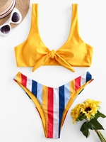 ZAFUL Maillot de Bain Bikini Noué Rayé à Coupe Haute L Moutarde