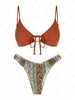 ZAFUL Maillot de Bain Bikini Plissé Fleuri Ethnique à Volants à Cordon Taille unique Café profond