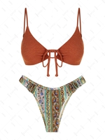ZAFUL Maillot de Bain Bikini Plissé Fleuri Ethnique à Volants à Cordon Taille unique Café profond