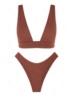 ZAFUL Maillot de Bain Bikini Plongeant Texturé à Coupe Haute S Café