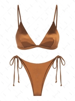 ZAFUL Maillot de Bain Bikini Tanga Brillant Soyeux Noué à Côté à Coupe Haute M Café