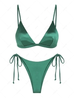 ZAFUL Maillot de Bain Bikini Tanga Brillant Soyeux Noué à Côté à Coupe Haute M Vert profond
