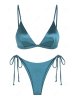 ZAFUL Maillot de Bain Bikini Tanga Brillant Soyeux Noué à Côté à Coupe Haute S Bleu profond