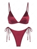 ZAFUL Maillot de Bain Bikini Tanga Brillant Soyeux Noué à Côté à Coupe Haute S Rouge foncé