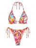 ZAFUL Maillot de Bain Bikini Tanga Fleuri à Volants à Col Halter à Cordon L Rouge
