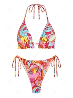ZAFUL Maillot de Bain Bikini Tanga Fleuri à Volants à Col Halter à Cordon L Rouge