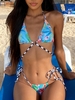ZAFUL Maillot de Bain Bikini Tanga Fleuri Côtelé à Cordon M Bleu clair