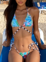 ZAFUL Maillot de Bain Bikini Tanga Fleuri Côtelé à Cordon M Bleu clair