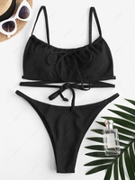 ZAFUL Maillot de Bain Bikini Tanga Texturé Noué L Noir
