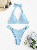 ZAFUL Maillot de Bain Bikini Texturé à Coupe Haute à Col Halter S Bleu clair