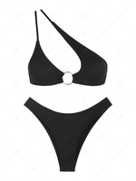 ZAFUL Maillot de Bain Bikini Texturé à Une Epaule Bague en O L Noir