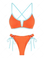 ZAFUL Maillot de Bain Bikini Texturé Contrasté à Armature en V S Orange