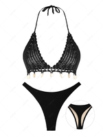 ZAFUL Maillot de Bain Bikini Texturé Coquille Au Crochet à Frange Taille unique Noir