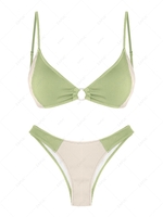 ZAFUL Maillot de Bain Bikini Texturé Côtelé Bicolore Bague en O M Vert