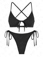 ZAFUL Maillot de Bain Bikini Texturé Découpé Noué à Côté à Cordon L Noir