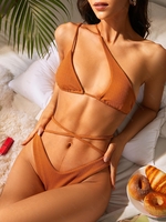 ZAFUL Maillot de Bain Bikini Texturé Noué Croisé à Une Epaule M Café
