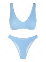 ZAFUL Maillot de Bain Bikini Texturé Vague à Coupe Haute M Bleu clair