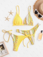 ZAFUL Maillot de Bain Bikini Tribal Imprimé à Coupe Haute Trois Pièces S Jaune