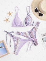 ZAFUL Maillot de Bain Bikini Tribal Imprimé à Coupe Haute Trois Pièces S Violet clair