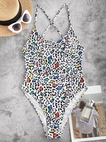 ZAFUL Maillot de Bain Croisé Animal Imprimé à Jambe Haute Une-Pièce S Blanc