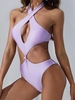 ZAFUL Maillot de Bain Croisé Noué Découpé Une-Pièce avec Trou de Serrure L Violet clair