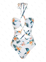 ZAFUL Maillot de Bain Côtelé à Imprimé Fleur Tropicale à Lacets Une-Pièce L Blanc