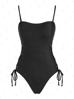 ZAFUL Maillot de Bain Côtelé à Lacets Une-Pièce S Noir