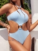 ZAFUL Maillot de Bain Côtelé Anneau en O à Col Halter Une-Pièce S Bleu clair